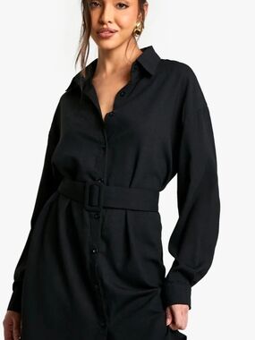 Boohoo Black Button-Front Belted Shirt Dress